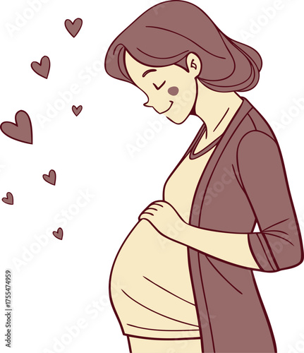 Joyful pregnant woman cradles her belly surrounded by floating hearts
