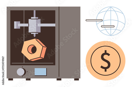 3D printer crafting a hexagonal object beside global network lines and a dollar coin. Ideal for innovation, manufacturing, technology, globalization, economy, progress, and automation. A simple flat