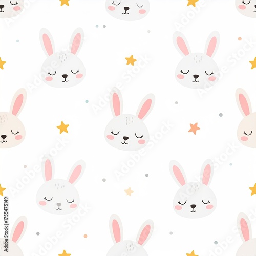 Cute Bunny Faces and Stars Seamless Pattern for Baby Products.