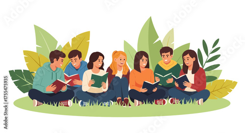 Group Of Students Reading Books Together In A Green And Peaceful Park Setting