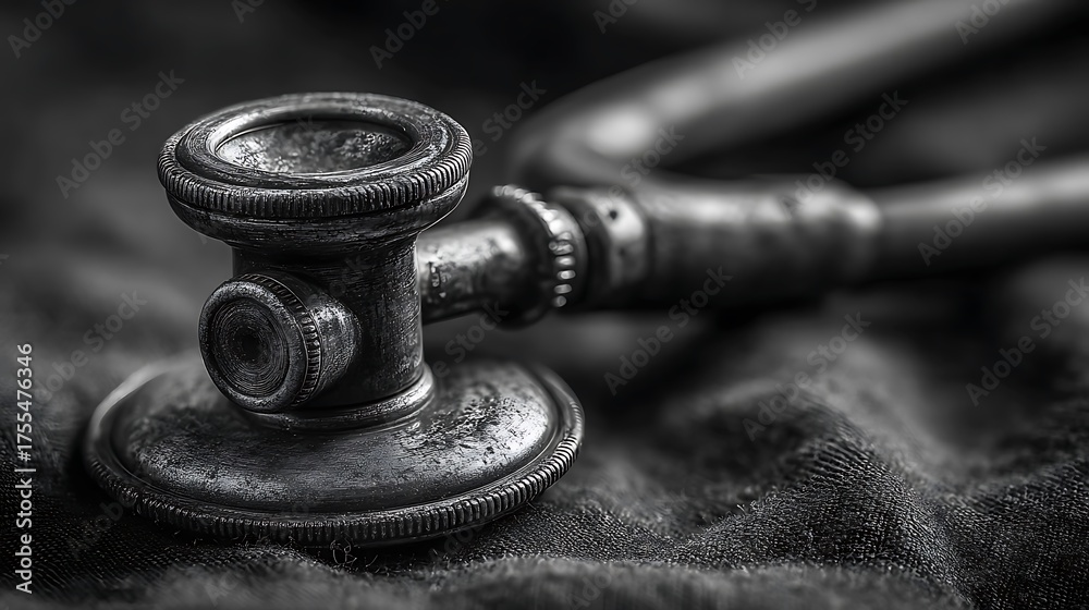 © dex - Dramatic Black and White Close-up of a Vintage Stethoscope Diaphragm