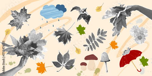 An autumn collection featuring autumn leaves and flowers. A trendy halftone collage. Vector illustration with a grainy photocopy effect for flyers, banners, and social media