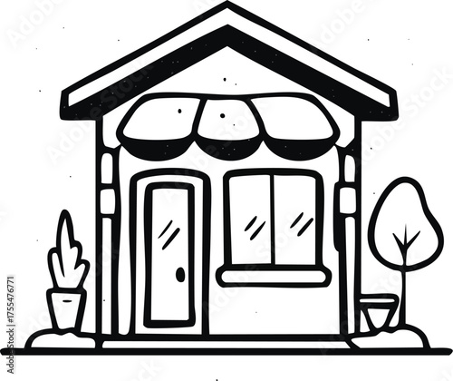 Charming hand-drawn line art illustration of a small shop or local business storefront, featuring a quaint building facade with an awning, door, and window, perfect for retail and community themes