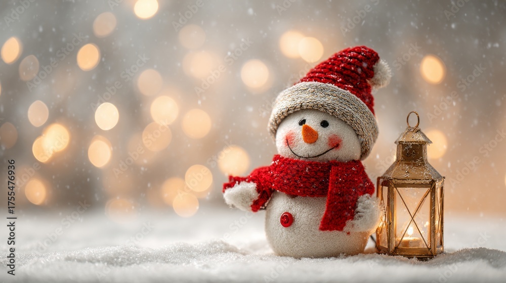 Fototapeta premium A snowman with a red scarf and a red hat is standing in the snow