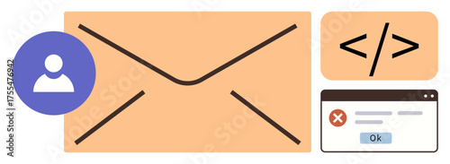 Large email icon, user profile, code snippet, and an alert pop-up concepts thumbs up communication, user feedback, error handling, email coding, web functionality teamwork. Ideal for simple flat