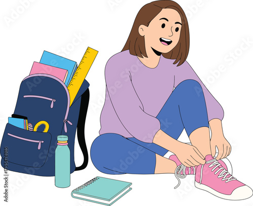 Digital illustration of a young woman tying shoelaces for school