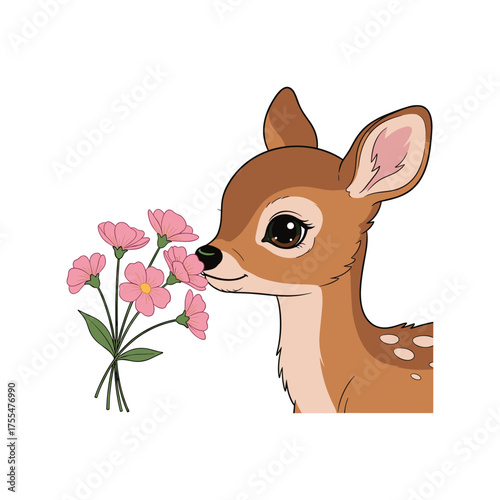 Adorable young deer gently smelling a bouquet of delicate pink flowers with big eyes vector