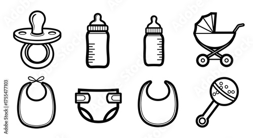 Simple icons representing baby essentials like bottles, a stroller, and a pacifier