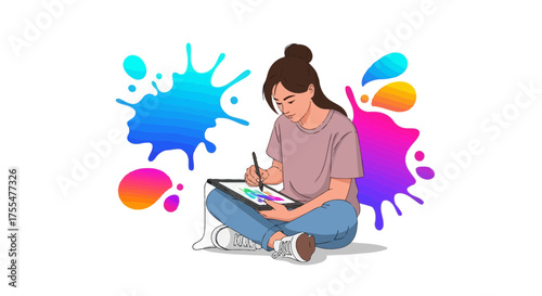 Illustrative Female Artist Creates Digital Art with Vibrant, Abstract Creative Elements