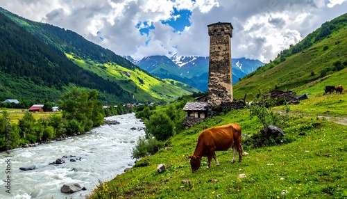 A rural scene features a towering stone structure beside a river flowing through lush greenery, mountainous backdrop. Cattle graze peacefully
