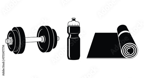Essential fitness equipment for a home workout: dumbbell, water bottle, and yoga mat.