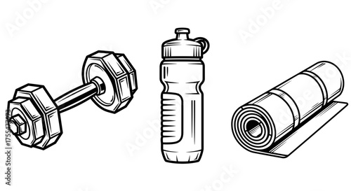 Essential fitness equipment including a dumbbell, water bottle, and rolled yoga mat for a healthy lifestyle.