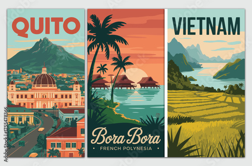 Vintage Style Travel Posters Featuring Quito, Bora Bora, and Vietnam