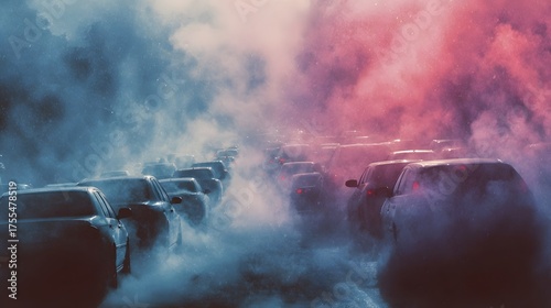 Cars in a dense traffic jam enveloped by vibrant colored smoke symbolizing air pollution