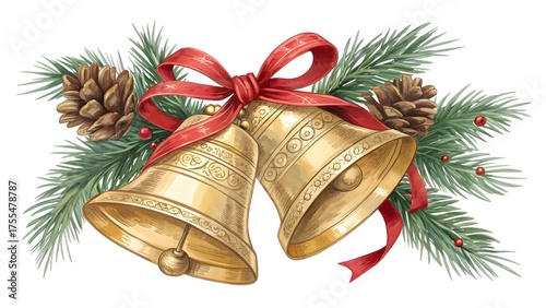 Golden christmas bells tied with red ribbon surrounded by pine needles and pinecones