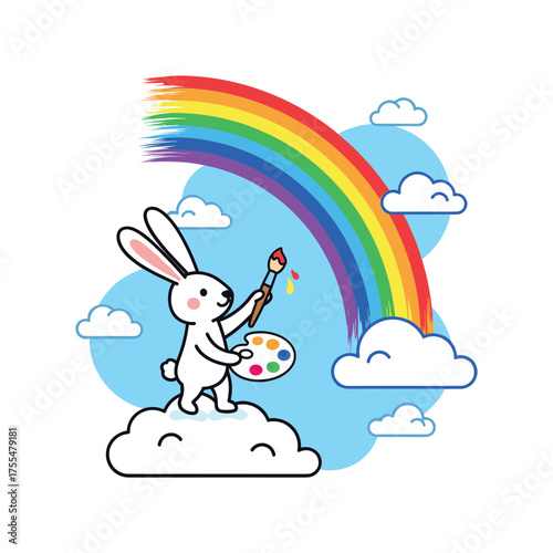 Cute bunny artist paints a vibrant rainbow in a dreamy sky with fluffy clouds vector