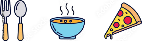 Enjoy a comforting bowl of soup and a delicious slice of pizza with cutlery.