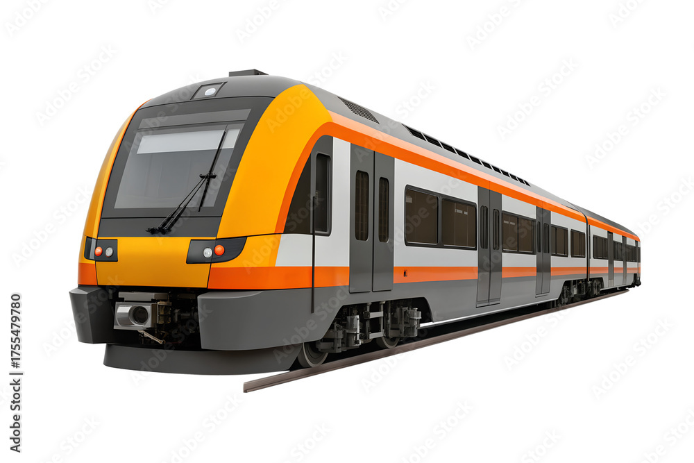Obraz premium Modern orange and white passenger train with multiple carriages traveling on a railway track isolated on transparent background