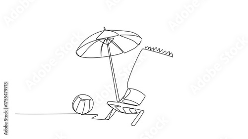 Animation of single continuous line drawing tube sunscreen on a beach chair with an umbrella, balls and flamingo shaped floats. Play safely on the beach. National Sunscreen Day. Full length motion