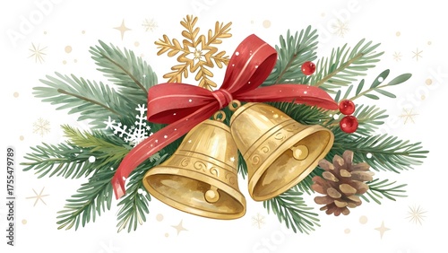 Golden christmas bells tied with a red ribbon and decorated with pine needles and a snowflake