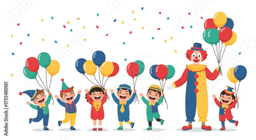 Joyful Children Celebrate Festive Occasion With a Clown And Balloons In Brilliant Colors