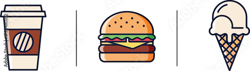Delicious fast food icons: coffee, burger, and ice cream cone