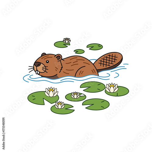 Cute cartoon beaver swimming peacefully among water lilies in a tranquil pond environment vector