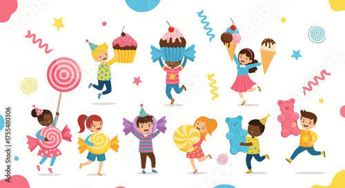 Joyful Children Celebrating With Sweets, Candies, Cupcakes, And Ice Cream, A Colorful Delight