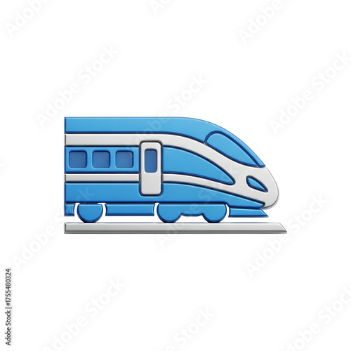 Isolated blue and white cartoon train illustration on transparent background with silver rails