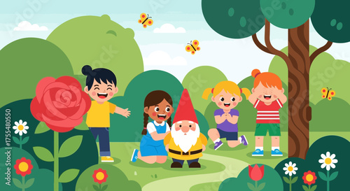 Joyful Children Discovering Colorful Garden Delights With A Cheerful Garden Gnome