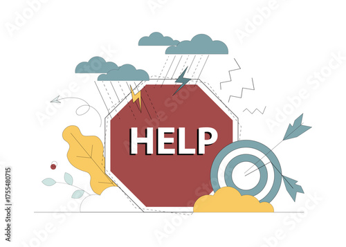 A request for help. A large red sign with the inscription Help on a white background. For websites and posters.eps