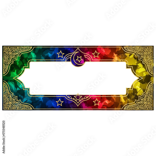 A colorful islamic frame with stars and crescent moon on transparent background with gold accents