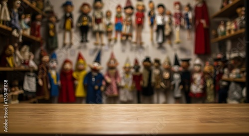 Wallpaper Mural A collection of vintage dolls and puppets displayed on shelves in a dimly lit room for commercial usage and mockups Torontodigital.ca