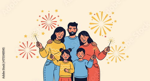 Joyful Family Celebration with Sparkling Lights and Festive Fireworks Display
