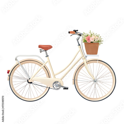 Elegant retro city bicycle in cream color featuring a wicker basket filled with fresh flowers isolated on transparent background