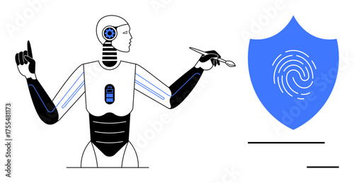 AI humanoid robot interacting with a pen and shield graphic featuring a fingerprint. Ideal for cybersecurity, technology, innovation, AI development, data protection, futuristic concepts, simple flat