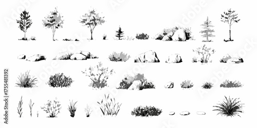 Collection of hand drawn black and white sketch elements of trees bushes rocks and grass for landscape design