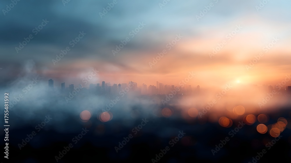 Fototapeta premium Atmospheric city skyline at dusk bathed in warm light with soft bokeh effects