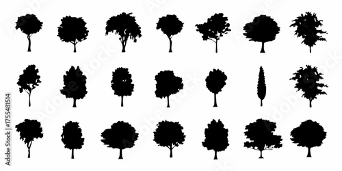 Collection of diverse black tree silhouettes isolated on a white background