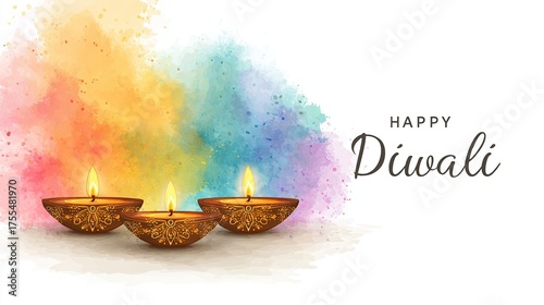 Happy Diwali the festival of lights with oil lamp, Diwali holiday white Background.