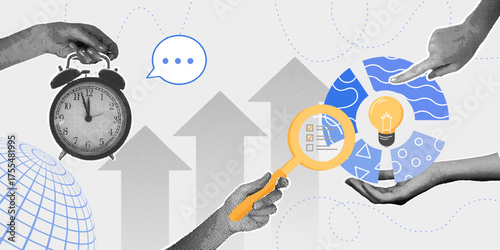 Business collaboration and strategy. Trendy halftone collage. Concepts of planning, schedule and time management, productivity, delegation, task completion, and efficiency. Vector illustration