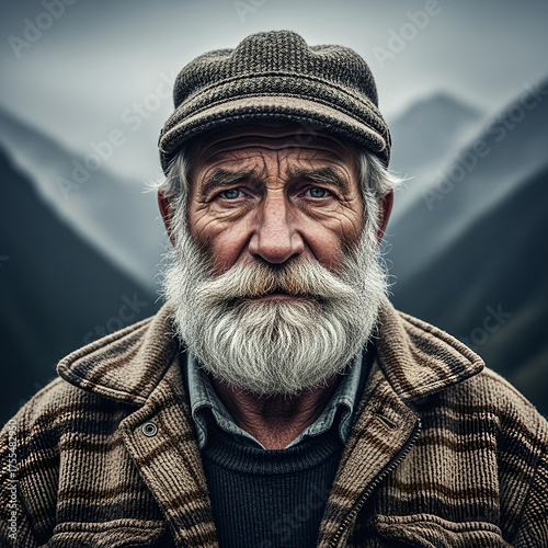 old man with a thick white beard, wearing a woolen cap and flannel jacket, standing in front of misty mountains