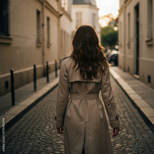 a fashionable young woman walking in a narrow Paris street, cobblestones, golden hour light, wearing a beige trench coat