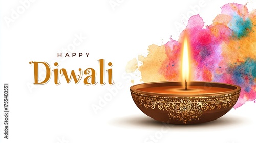 Happy Diwali the festival of lights with oil lamp, Diwali holiday white Background.