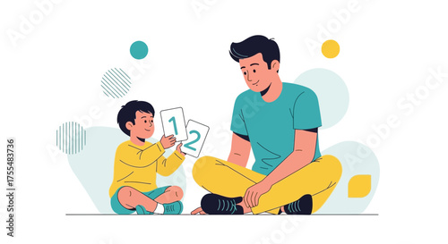 Joyful Moment: Father And Son Learning Numbers With Cards In A Harmonious Setting