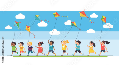 Joyful Imagery Of Children Relishing Kite Flying Activities On A Bright Sunny Day