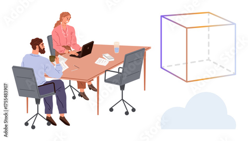 Team discussing business ideas at office table with abstract 3D cube and cloud symbols. Ideal for teamwork, brainstorming, innovation, strategy, technology, creativity, productivity. Simple flat