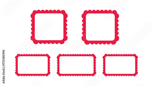 Wavy scallop edge frame collection. Vintage geometric shape with a wave rectangle. Scalloped wiggle border design. Squiggly cloud square stickers. Blank text boxes. Vector illustration