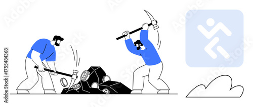 Two workers crushing large rocks with a pickaxe and hammer, emphasizing teamwork, labor, and determination. Ideal for work ethic, perseverance, strength, physical labor, teamwork productivity