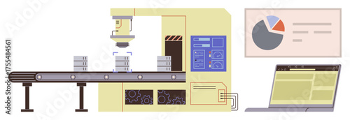 Robotic arm assembling products on conveyor belt, connected to laptop displaying data and analytics. Ideal for manufacturing, automation, robotics, industry 4.0, productivity, technology simple flat